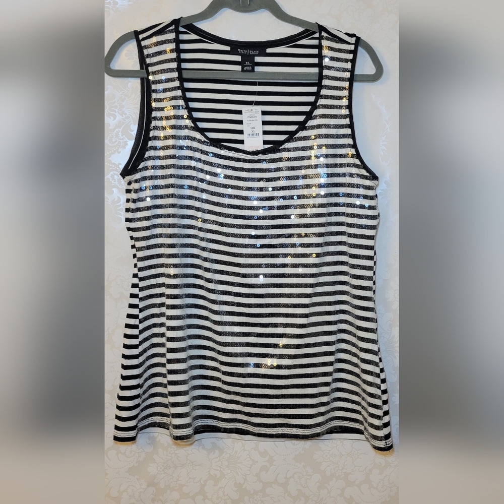 White House Black Market Black and White Sequin Tank Top